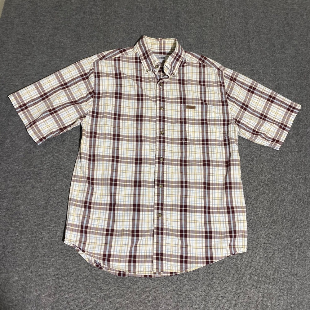 Carhartt Mens Medium Plaid Short Sleeve Button Down Shirt Burgundy Beige Cotton